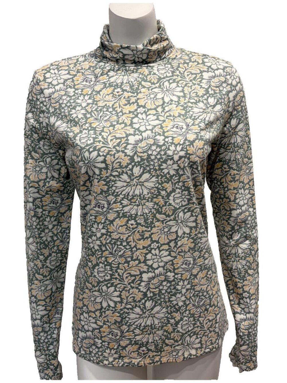 Peruvian Connection Shirt Womens M Pima Cotton Stretch Green Floral Long Sleeve